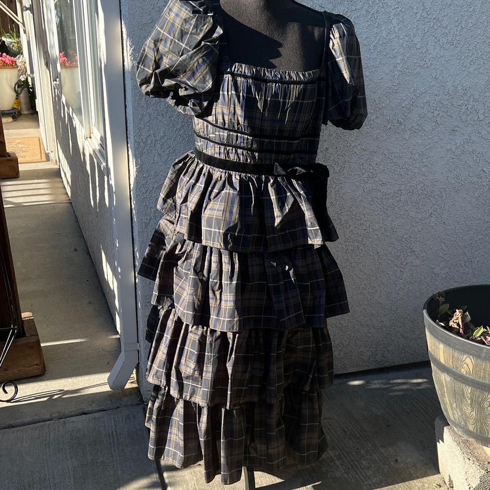 Antonio Melani Navy Plaid puff Sleeve Dress